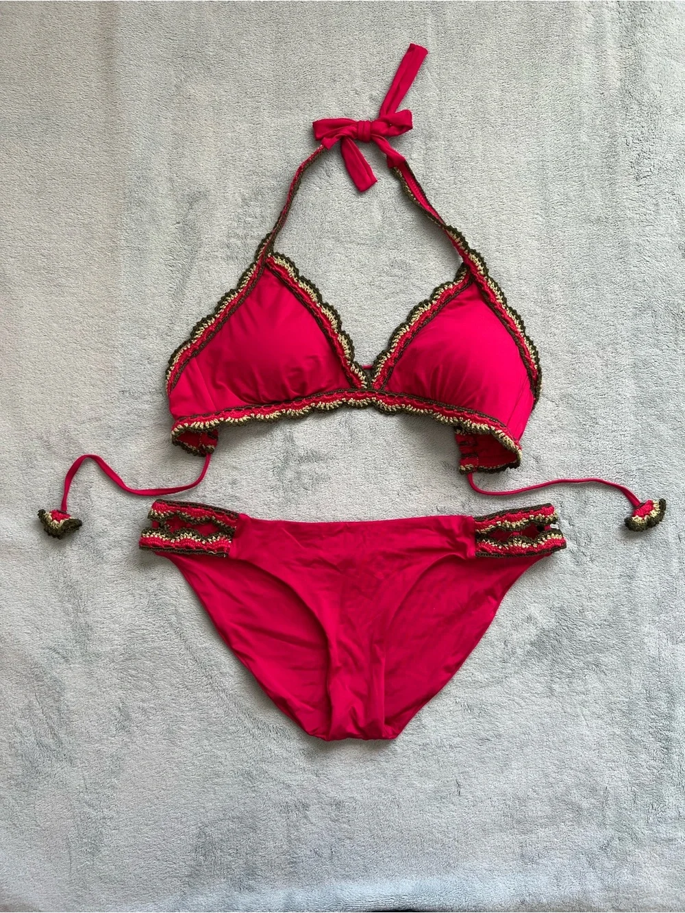 Becca Pink Crochet Trim Halter Bikini Set Women’s Large D Cup Boho Swim